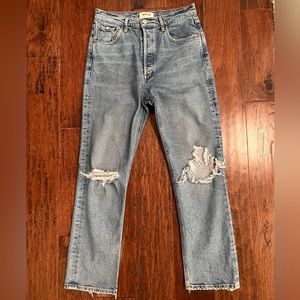Agolde Riley High Rise Straight distressed jean. Size 28. Color Blue.